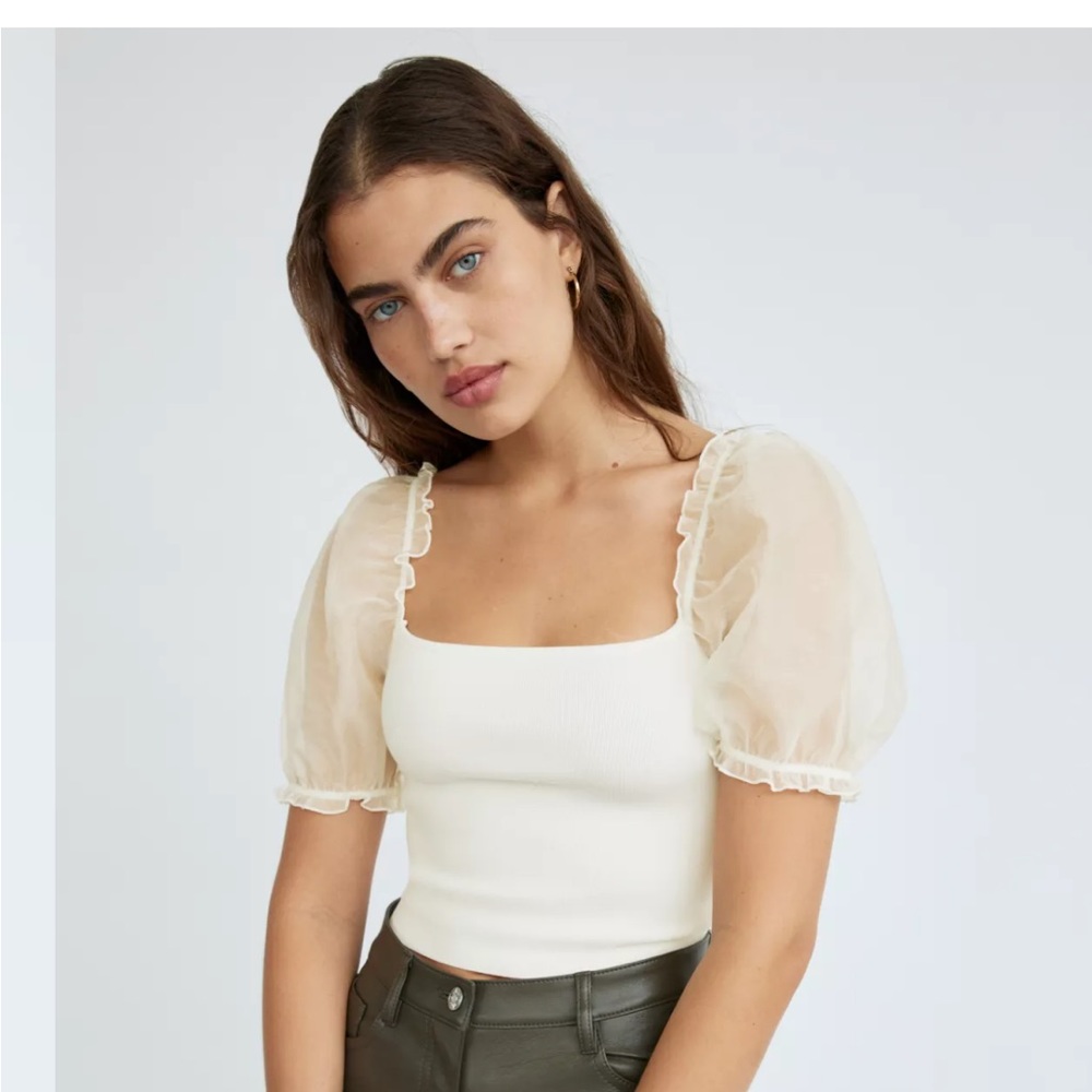Aritzia Wilfred Sheer-Sleeve Top (Light Birch, Size S)